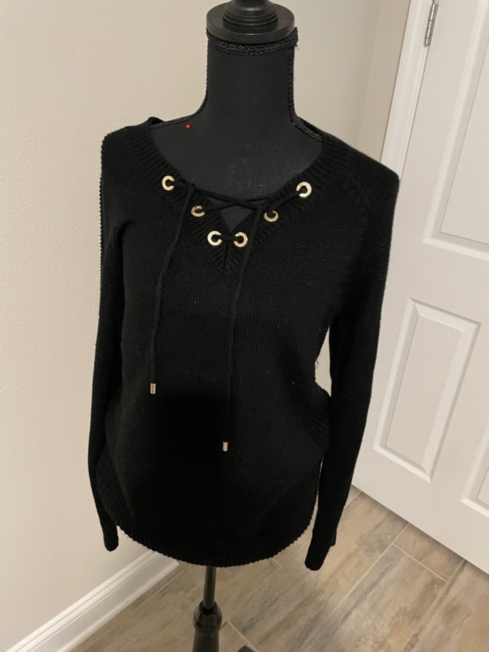 Calvin Klein Black Lace-Up V-Neck Knit Sweater